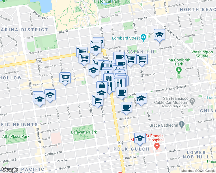 map of restaurants, bars, coffee shops, grocery stores, and more near 2300 U.S. 101 in San Francisco