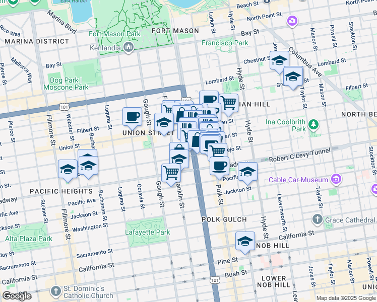 map of restaurants, bars, coffee shops, grocery stores, and more near 2300 U.S. 101 in San Francisco