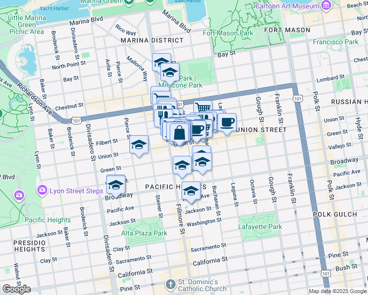 map of restaurants, bars, coffee shops, grocery stores, and more near 2914 Fillmore Street in San Francisco