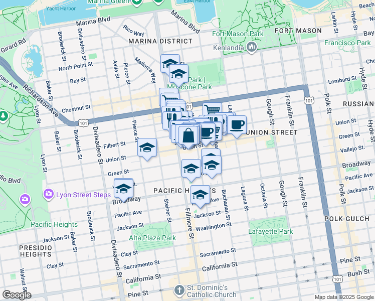 map of restaurants, bars, coffee shops, grocery stores, and more near 2914 Fillmore Street in San Francisco