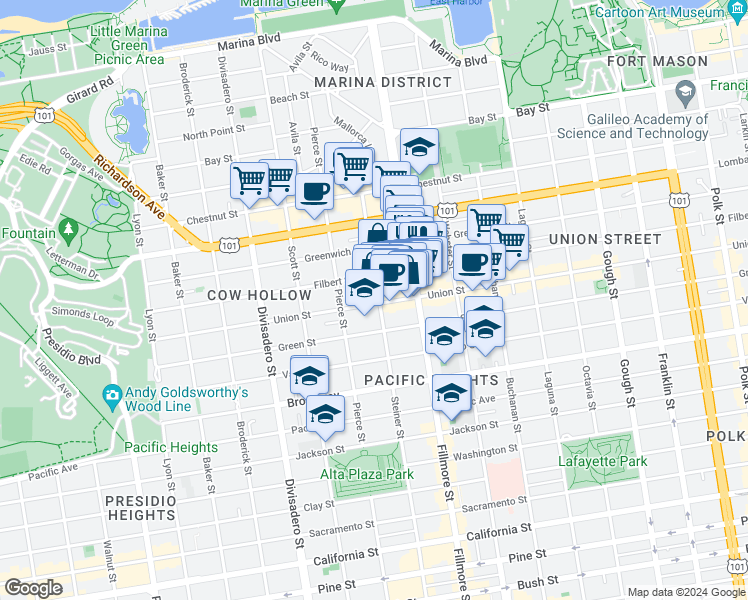 map of restaurants, bars, coffee shops, grocery stores, and more near 2306 Union Street in San Francisco