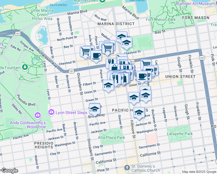 map of restaurants, bars, coffee shops, grocery stores, and more near 2306 Union Street in San Francisco