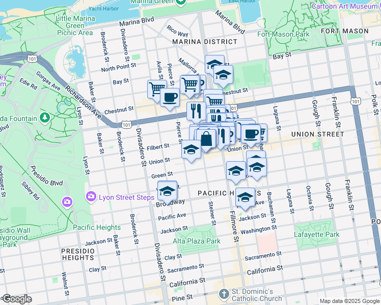 map of restaurants, bars, coffee shops, grocery stores, and more near 2306 Union Street in San Francisco