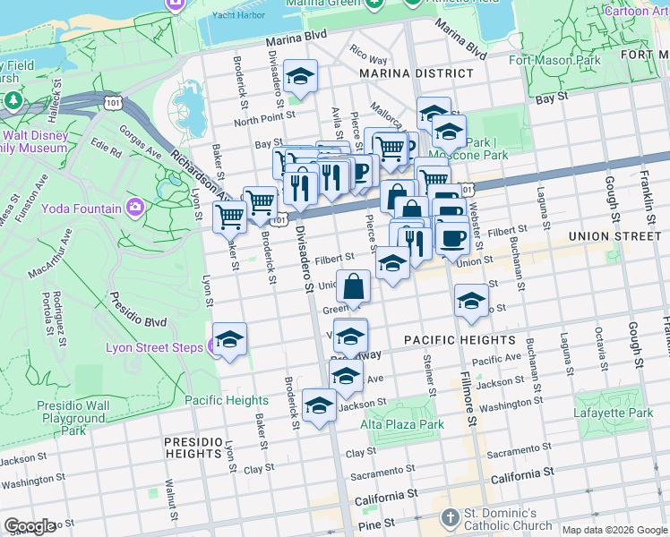 map of restaurants, bars, coffee shops, grocery stores, and more near 2936 Scott Street in San Francisco