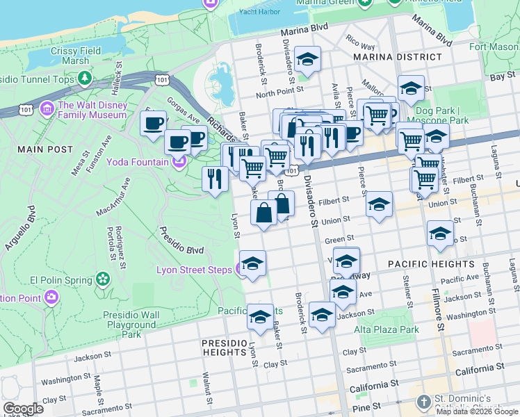 map of restaurants, bars, coffee shops, grocery stores, and more near 2762 Filbert Street in San Francisco