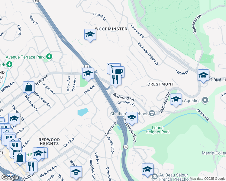 map of restaurants, bars, coffee shops, grocery stores, and more near Redwood Road & Mountain Boulevard in Oakland