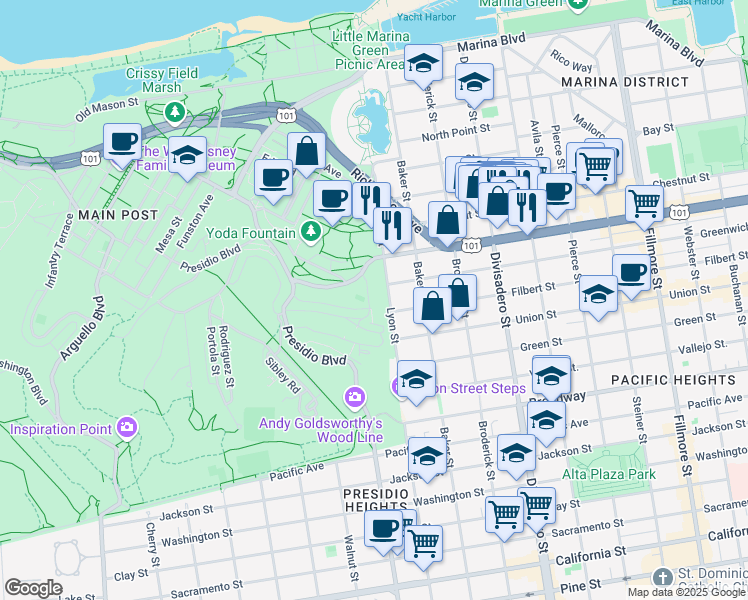 map of restaurants, bars, coffee shops, grocery stores, and more near 569 Ruger Street in San Francisco