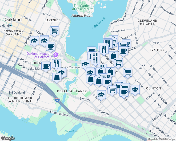 map of restaurants, bars, coffee shops, grocery stores, and more near 250 2nd Avenue in Oakland