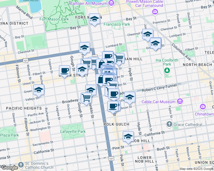 map of restaurants, bars, coffee shops, grocery stores, and more near 1522 Vallejo Street in San Francisco