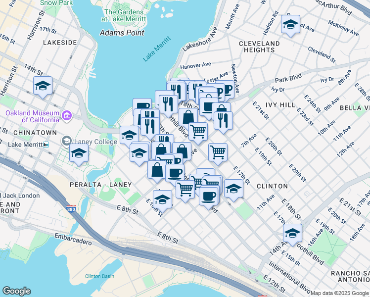 map of restaurants, bars, coffee shops, grocery stores, and more near 428 East 15th Street in Oakland