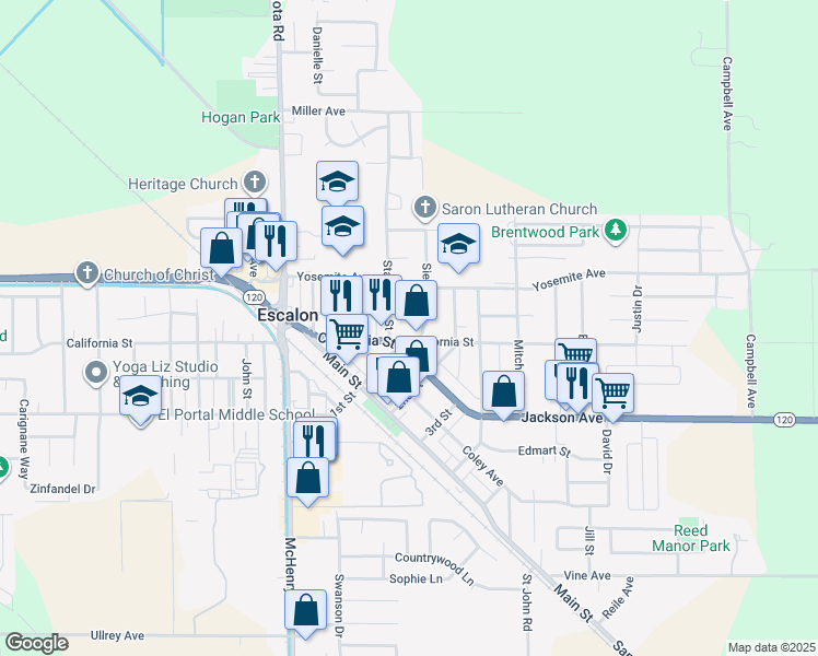 map of restaurants, bars, coffee shops, grocery stores, and more near 1413 Sierra Drive in Escalon