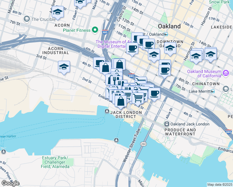 map of restaurants, bars, coffee shops, grocery stores, and more near 544 2nd Street in Oakland
