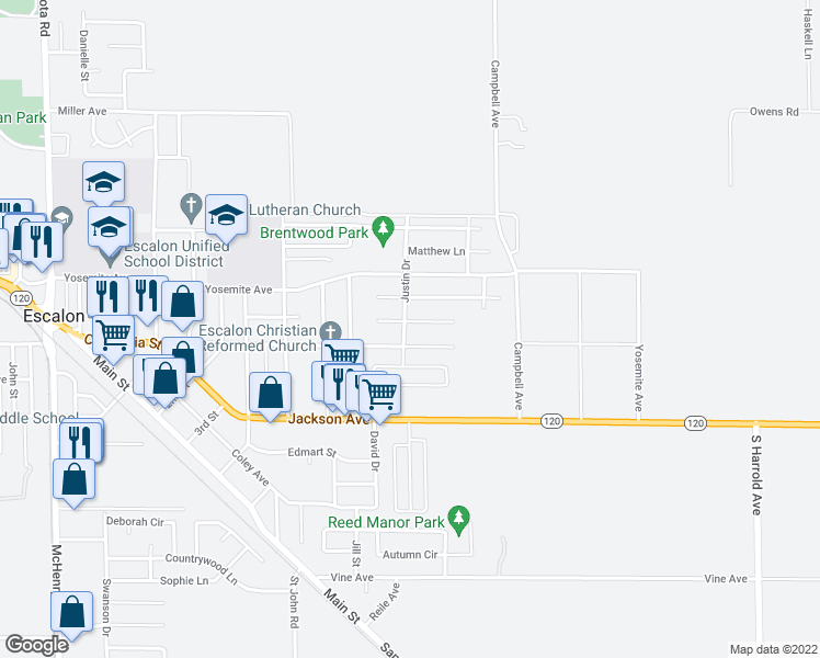 map of restaurants, bars, coffee shops, grocery stores, and more near 2405 Jonathon Drive in Escalon