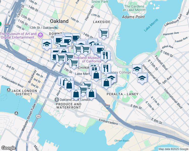 map of restaurants, bars, coffee shops, grocery stores, and more near in Oakland