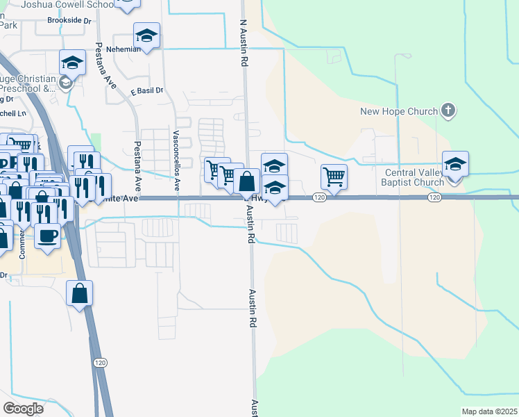 map of restaurants, bars, coffee shops, grocery stores, and more near 130 South Austin Road in Manteca