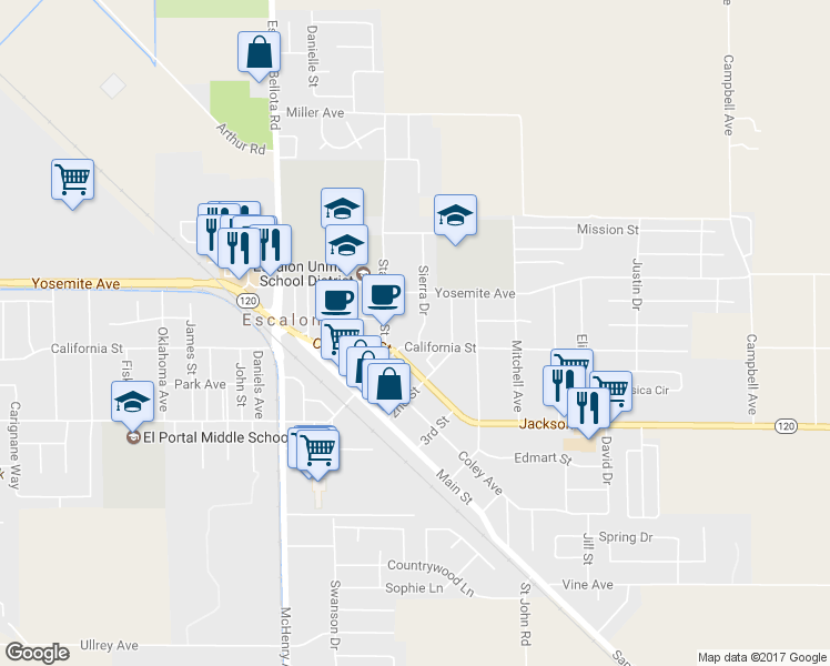 map of restaurants, bars, coffee shops, grocery stores, and more near 1413 Sierra Drive in Escalon