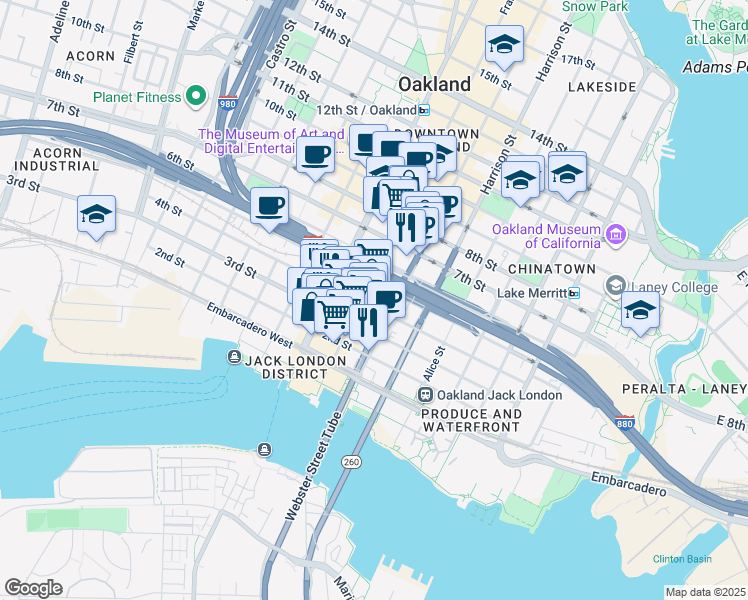map of restaurants, bars, coffee shops, grocery stores, and more near 331 Franklin Street in Oakland