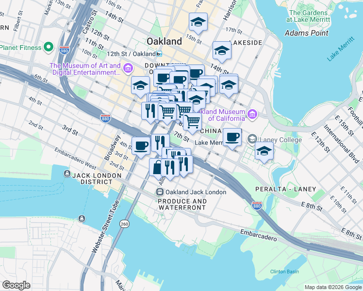 map of restaurants, bars, coffee shops, grocery stores, and more near 602 Alice Street in Oakland