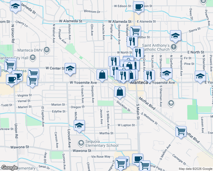 map of restaurants, bars, coffee shops, grocery stores, and more near 105 South Willow Avenue in Manteca