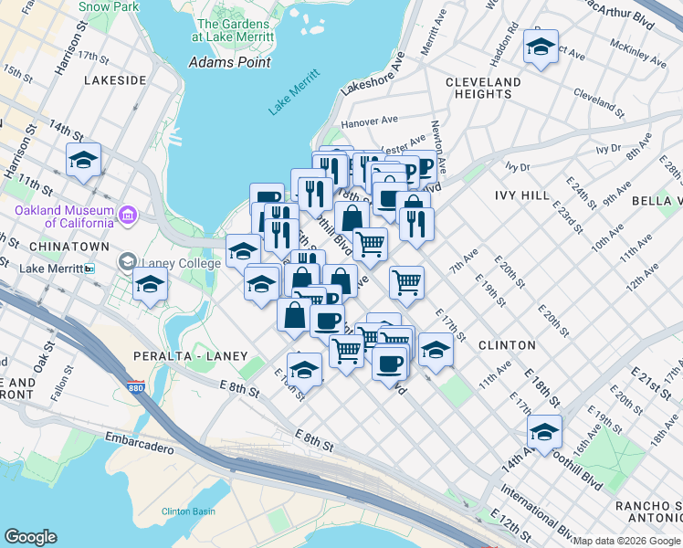 map of restaurants, bars, coffee shops, grocery stores, and more near 414 East 15th Street in Oakland
