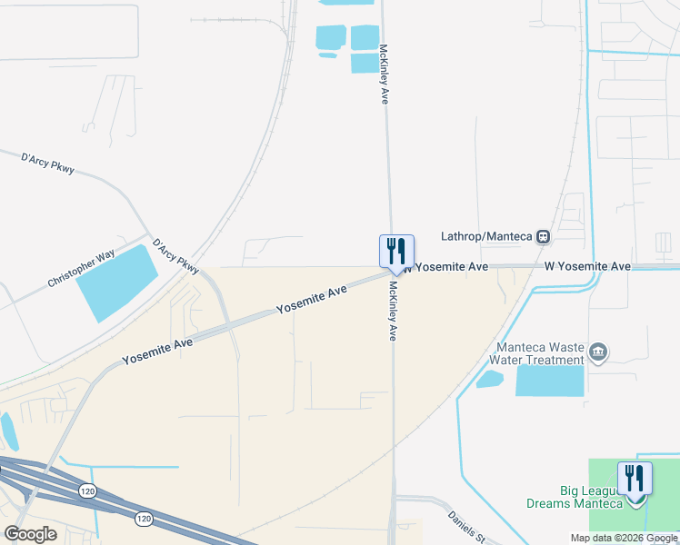 map of restaurants, bars, coffee shops, grocery stores, and more near 3155 Yosemite Avenue in Lathrop