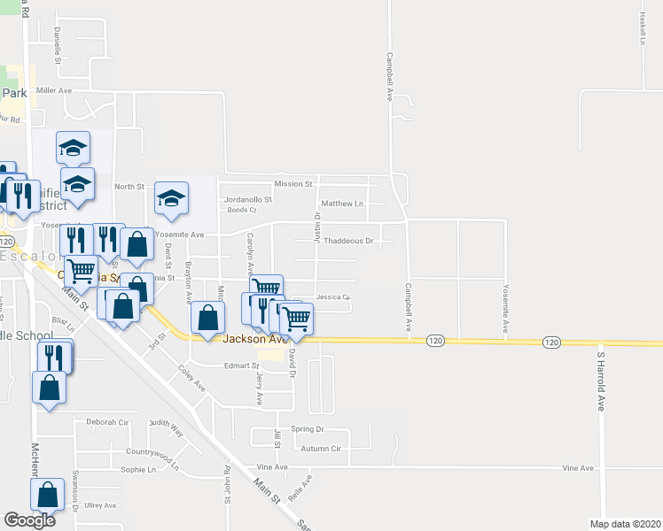 map of restaurants, bars, coffee shops, grocery stores, and more near 2413 Jonathon Drive in Escalon