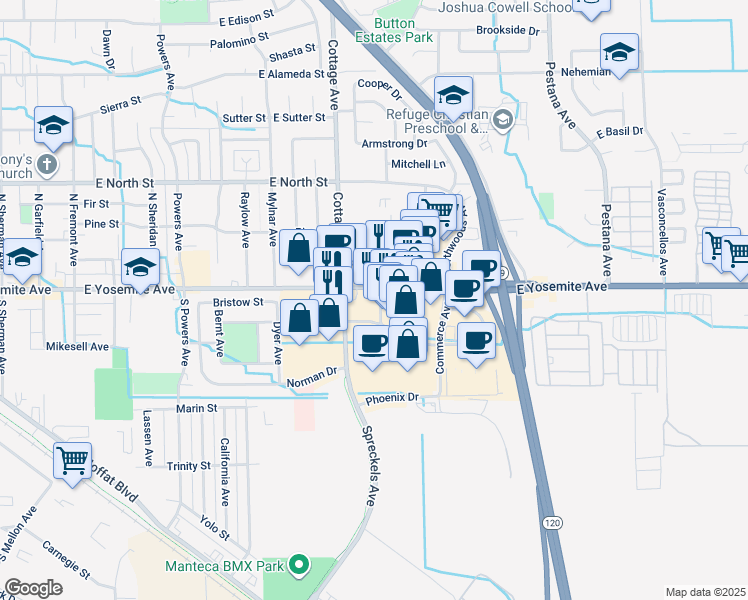 map of restaurants, bars, coffee shops, grocery stores, and more near 1272 East Yosemite Avenue in Manteca