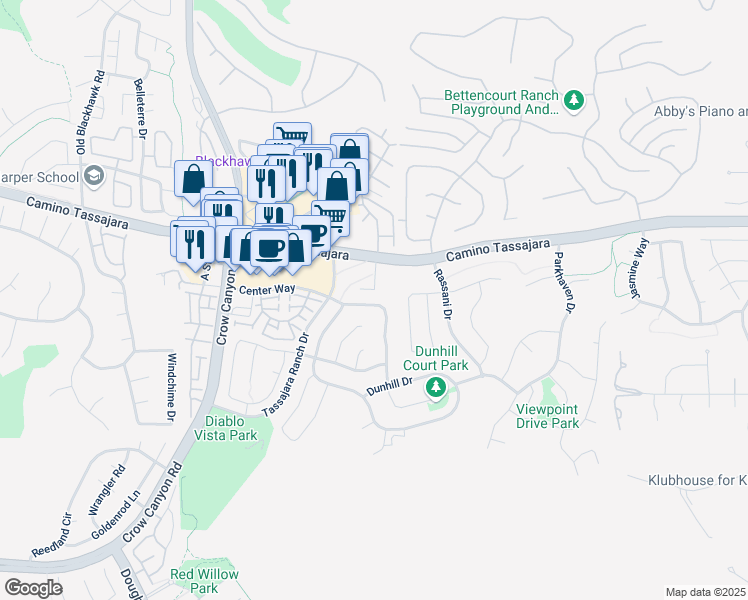 map of restaurants, bars, coffee shops, grocery stores, and more near 512 Zenith Ridge Drive in Danville