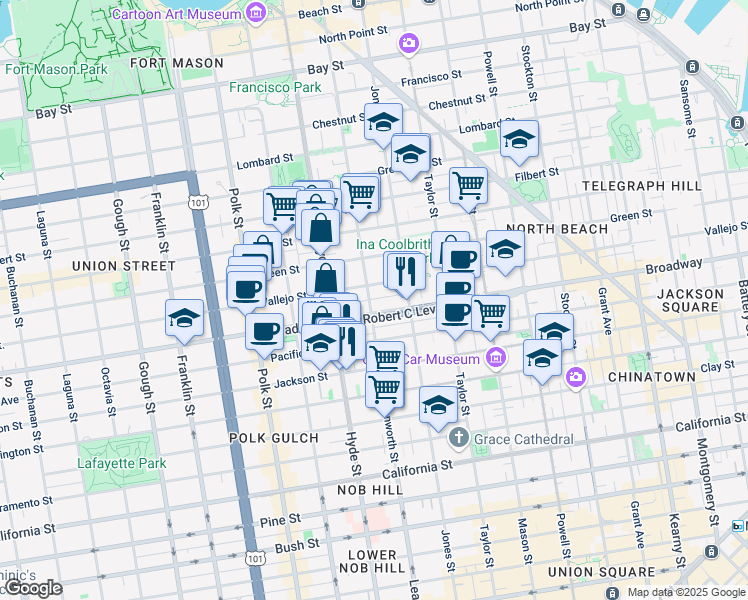 map of restaurants, bars, coffee shops, grocery stores, and more near 87 Glover Street in San Francisco