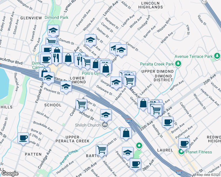 map of restaurants, bars, coffee shops, grocery stores, and more near 2882 Delaware Street in Oakland