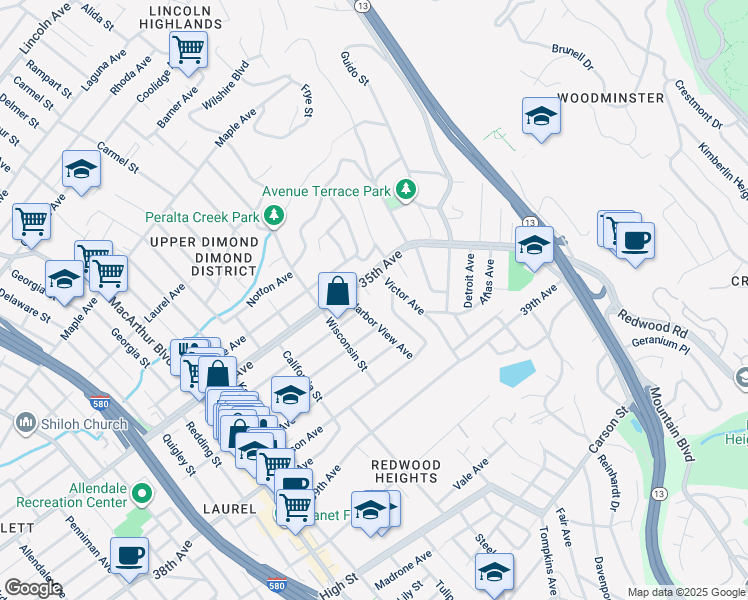 map of restaurants, bars, coffee shops, grocery stores, and more near 3530 Libby Court in Oakland
