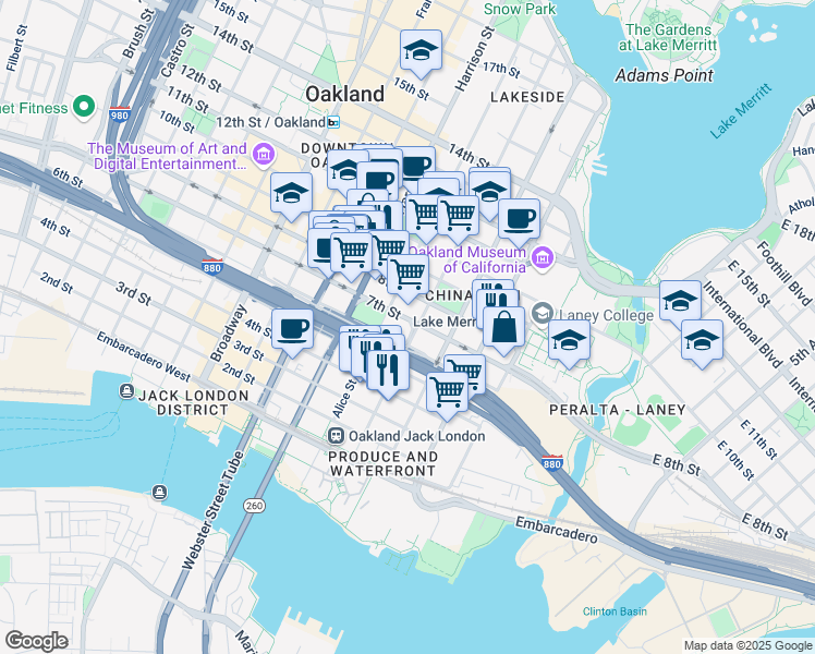 map of restaurants, bars, coffee shops, grocery stores, and more near 602 Jackson Street in Oakland