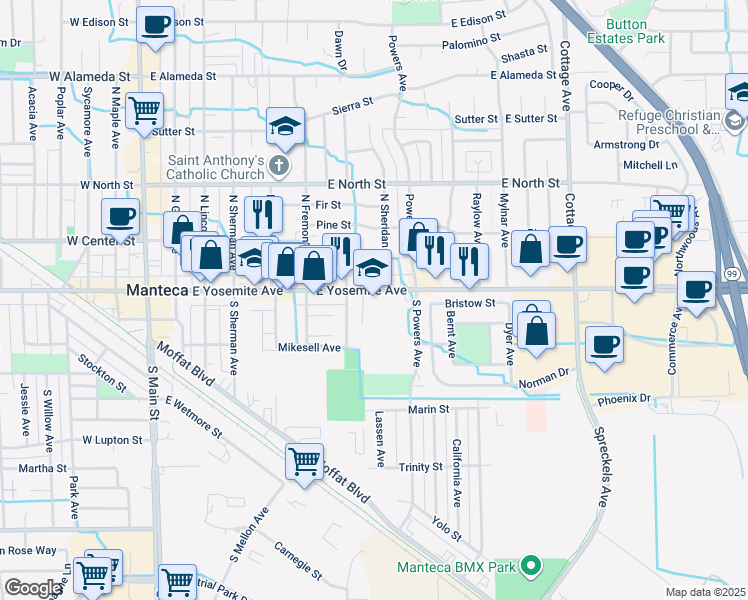 map of restaurants, bars, coffee shops, grocery stores, and more near 750 Yosemite Avenue in Manteca