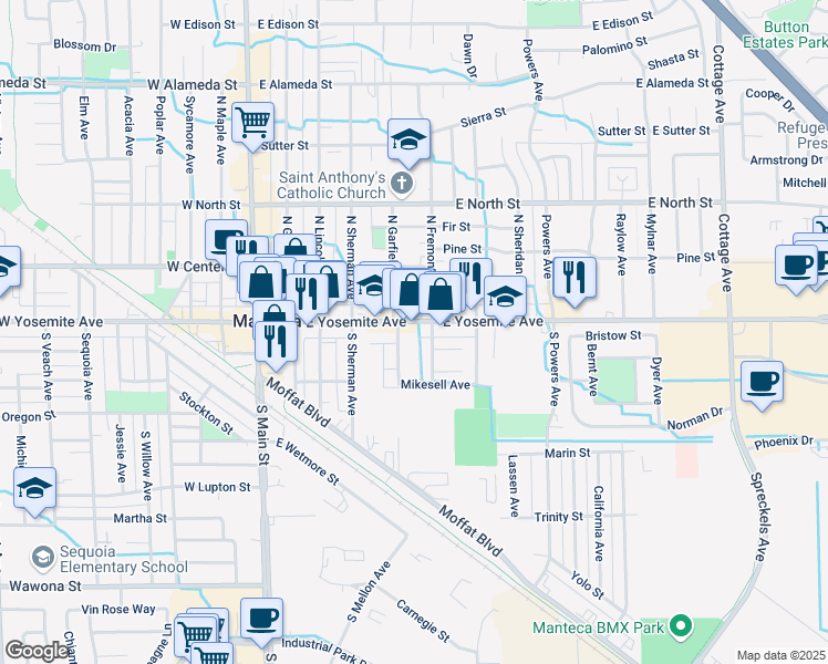 map of restaurants, bars, coffee shops, grocery stores, and more near 106 South Garfield Avenue in Manteca