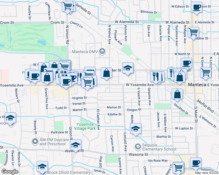 map of restaurants, bars, coffee shops, grocery stores, and more near 842 West Yosemite Avenue in Manteca