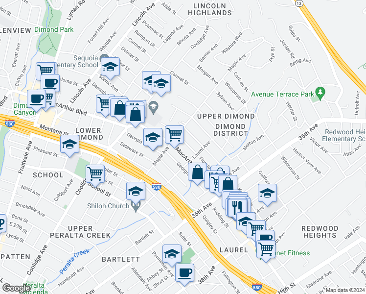 map of restaurants, bars, coffee shops, grocery stores, and more near 3059 Florida Street in Oakland