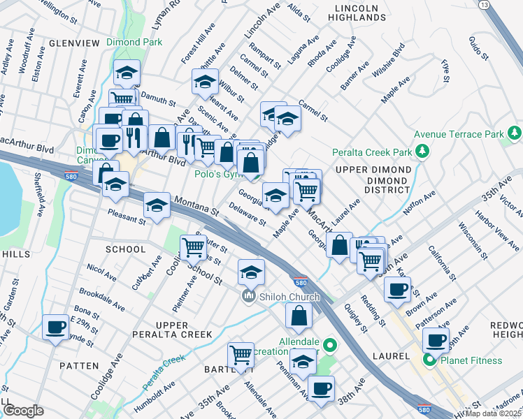 map of restaurants, bars, coffee shops, grocery stores, and more near 2882 Delaware Street in Oakland