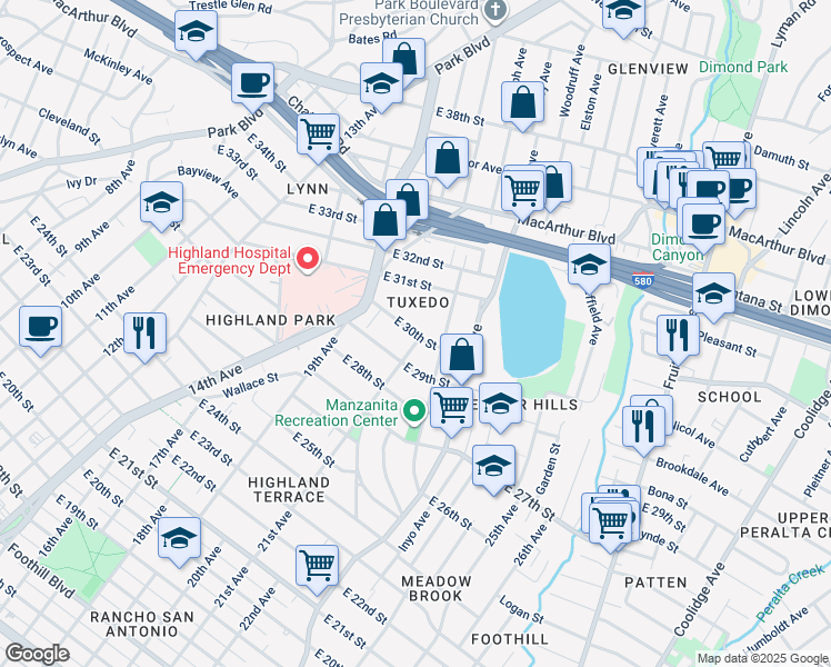 map of restaurants, bars, coffee shops, grocery stores, and more near 2050 East 30th Street in Oakland