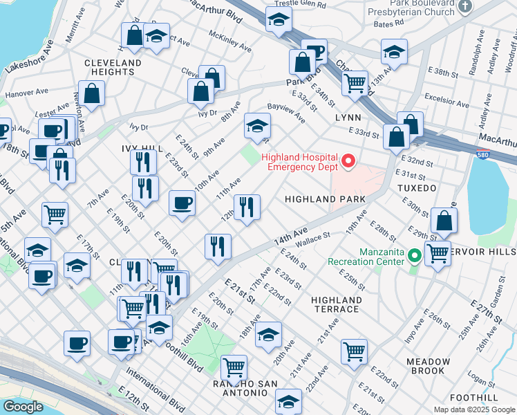 map of restaurants, bars, coffee shops, grocery stores, and more near 1228 East 24th Street in Oakland
