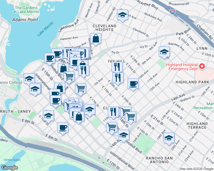 map of restaurants, bars, coffee shops, grocery stores, and more near in Oakland