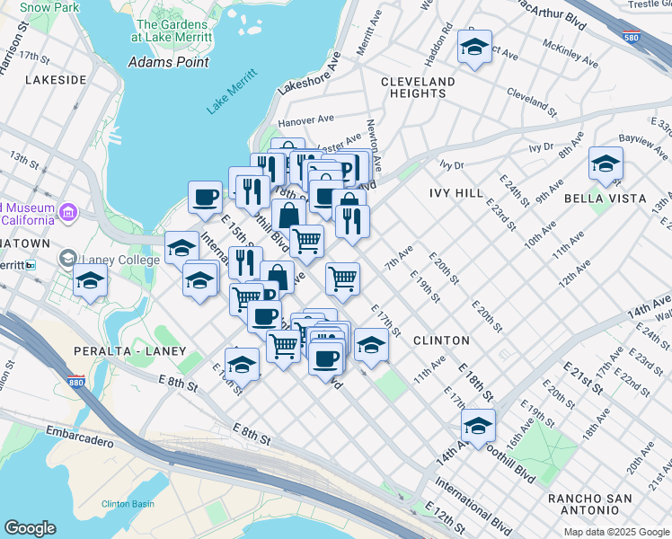 map of restaurants, bars, coffee shops, grocery stores, and more near in Oakland