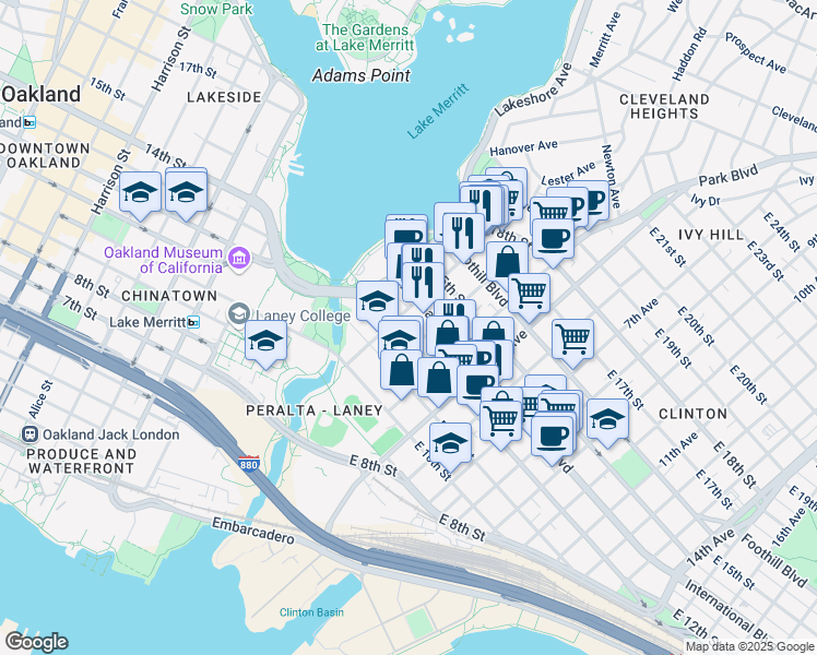 map of restaurants, bars, coffee shops, grocery stores, and more near in Oakland
