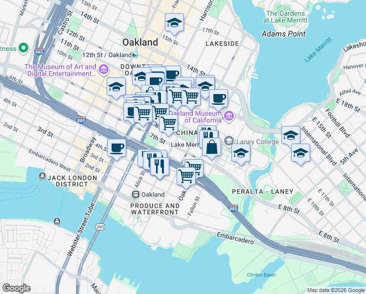 map of restaurants, bars, coffee shops, grocery stores, and more near 602 Jackson Street in Oakland