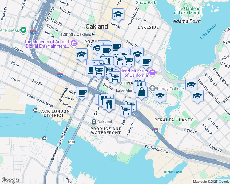 map of restaurants, bars, coffee shops, grocery stores, and more near 602 Jackson Street in Oakland