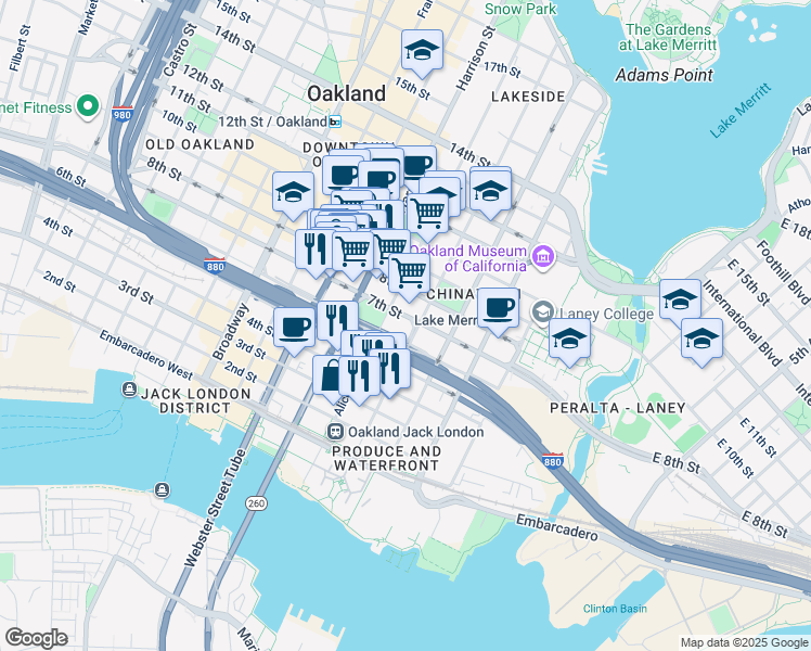 map of restaurants, bars, coffee shops, grocery stores, and more near 614 Alice Street in Oakland