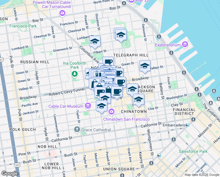 map of restaurants, bars, coffee shops, grocery stores, and more near 777 Broadway in San Francisco