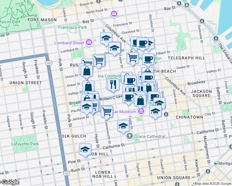 map of restaurants, bars, coffee shops, grocery stores, and more near 1700 Jones Street in San Francisco
