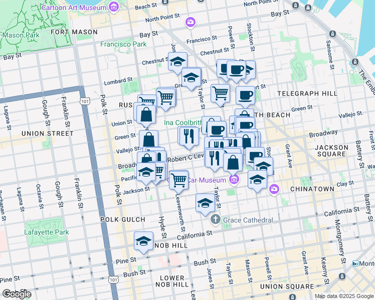 map of restaurants, bars, coffee shops, grocery stores, and more near 1700 Jones Street in San Francisco