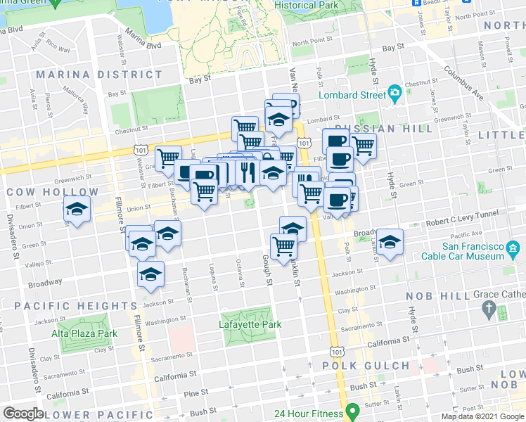 map of restaurants, bars, coffee shops, grocery stores, and more near in San Francisco