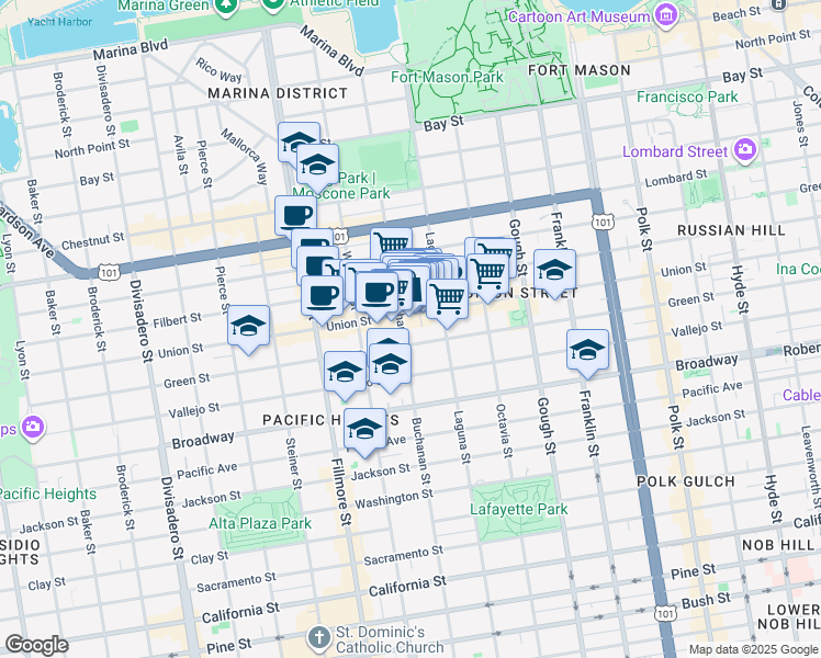 map of restaurants, bars, coffee shops, grocery stores, and more near 1966 Green Street in San Francisco
